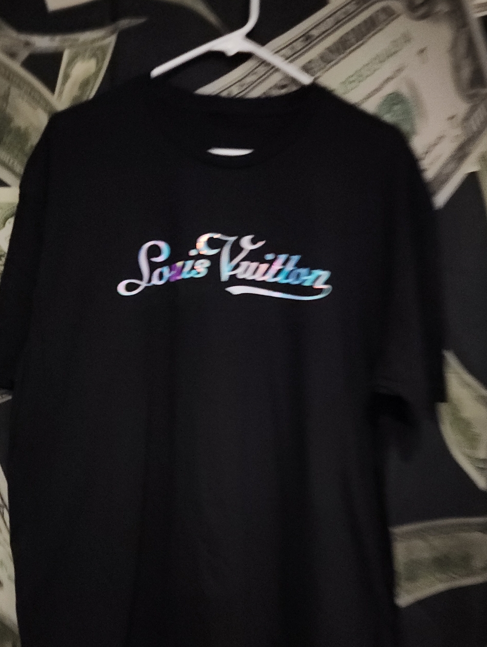 Louis Vuitton Black Tee with Iridescent Script Logo - Multicolor